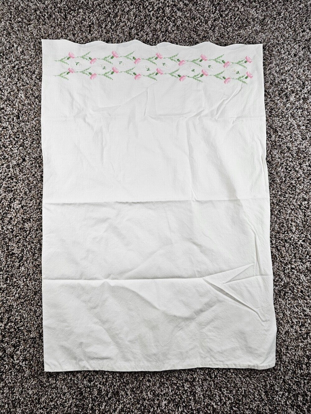 Vintage Standard Pillowcase White w/ Pink Hand Embroidered Flower Cottagecore